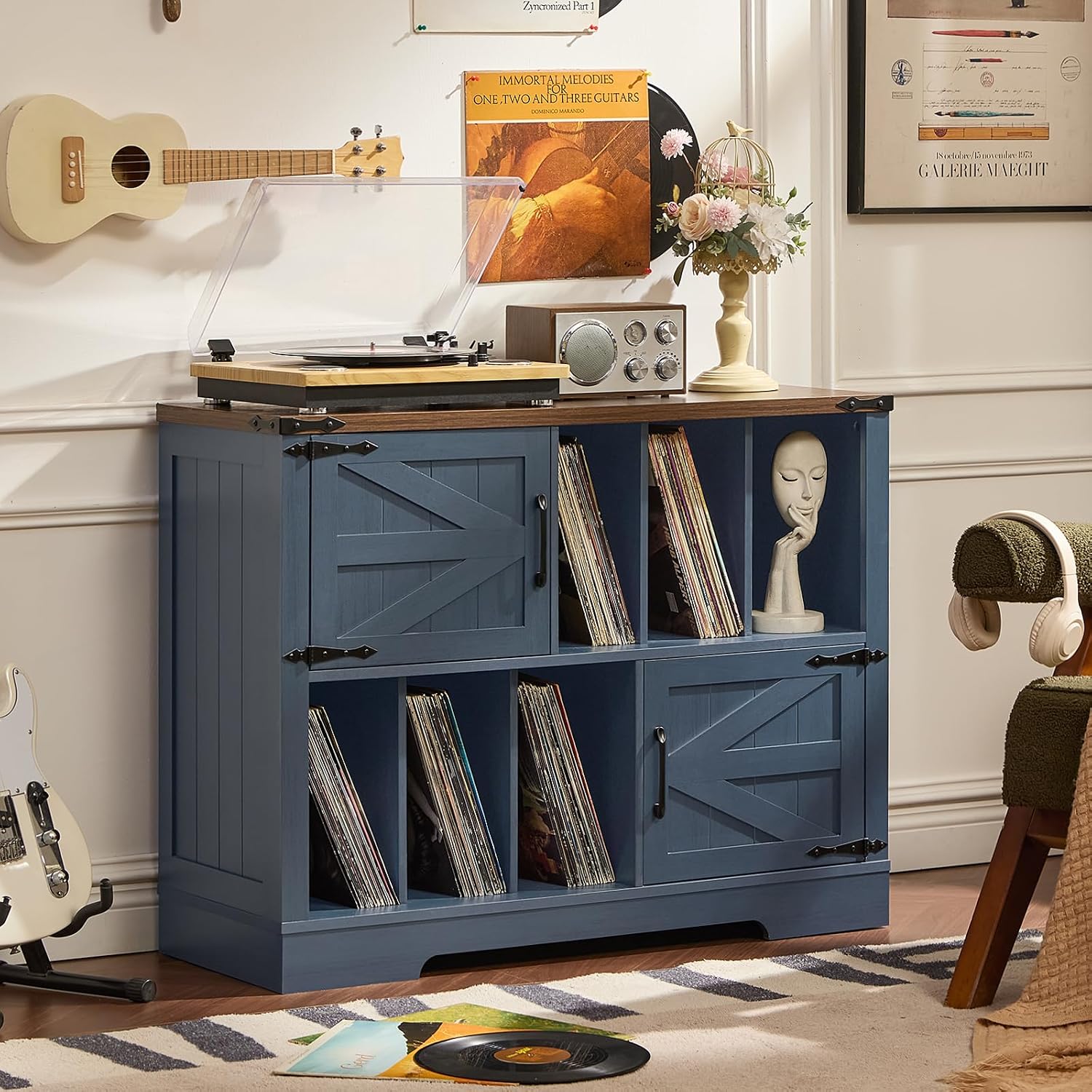 Joaxswe Large Record Player Stand with Vinyl Storage Up to 450 Albums, 39 Inch Farmhouse Wood Navy Blue Vinyl Records Storage Cabinet with Barn Doors, Mid-Century Turntable Stand for Living Room