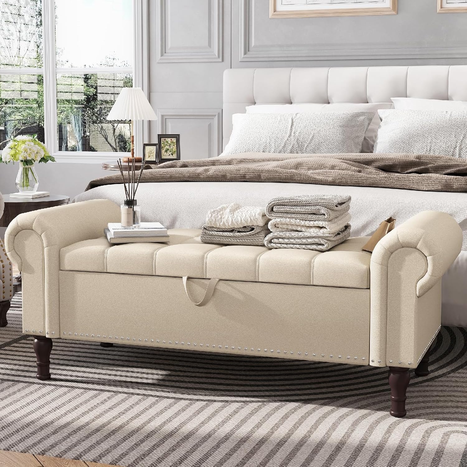 Apicizon 51” Bench with Storage, Faux Leather Ottoman Bench with Rolled Arm & Vintage Rivets, End of Bed Bench for Bedroom, Living Room, Entryway, Beige+Brown Legs