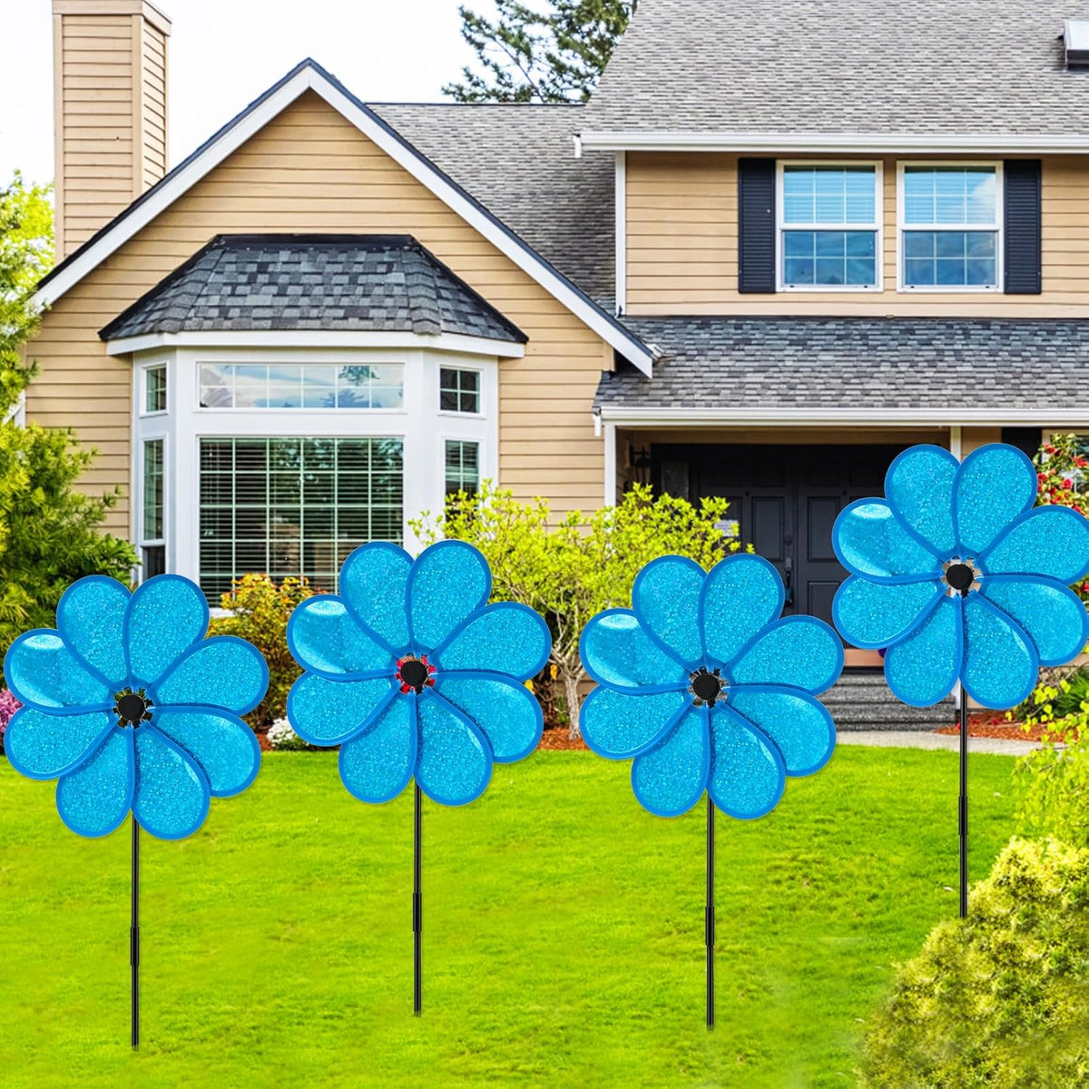 4PCS Flower Wind Spinner Sparkly Lawn Pinwheel 11.8 inch Blue Garden Windmill for Garden, Party, Outdoor, Yard Decor