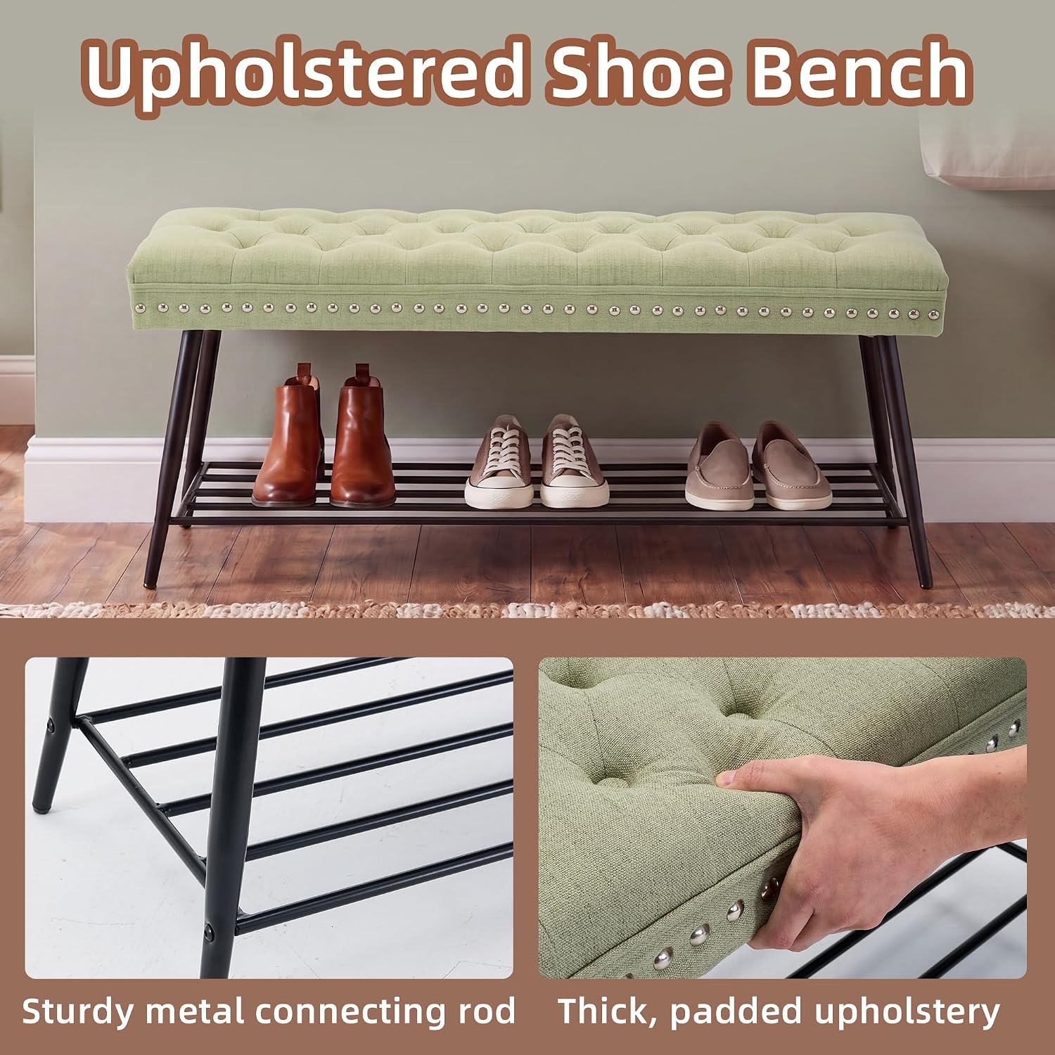 Thick Cushioned Shoe Bench, Entryway Bench with Metal Shoe Rack, Upholstered Tufted Ottoman Bench for Bedroom, End of Bed Bench, Farmhouse Style Storage Bench for Hallway, Living Room, Beige