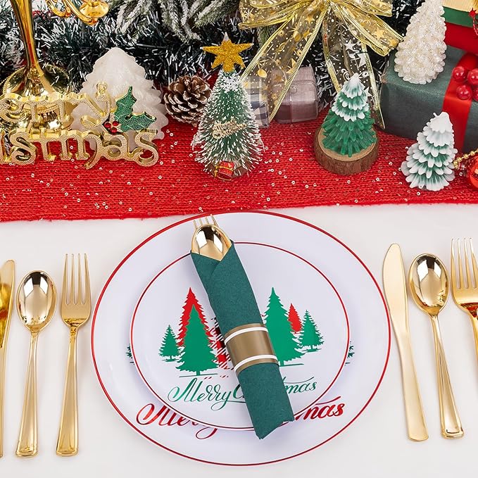 Supernal 240pcs Christmas Rolled Plastic Silverware,Gold Disposable Silverware,Wrapped Plastic Cutlery Set with Napkin,Pre Rolled Silverware Set Disposable,Christmas Cutlery Served for 60 Guests