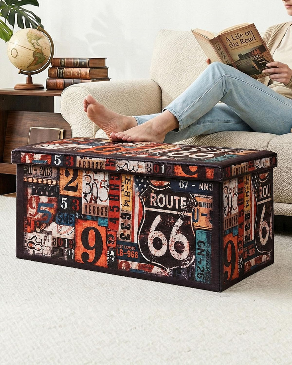 B FSOBEIIALEO Folding Storage Ottoman Bench, 30" Ottoman with Storage | Route 66 Faux Leather Foot Rest Chest Seat, Coffee Table, Storage Bench for Bedroom