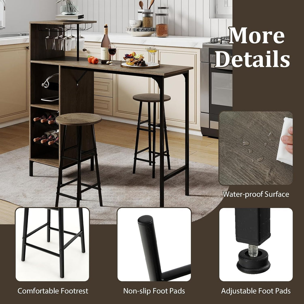 GOFLAME Bar Table Set for 2, Counter Height Dining Table Set with Shelves, Cup Holder & Wine Rack, Breakfast Table & Stools Set, 3-Piece Pub Table Set for Kitchen, Dining Room, Grey Oak