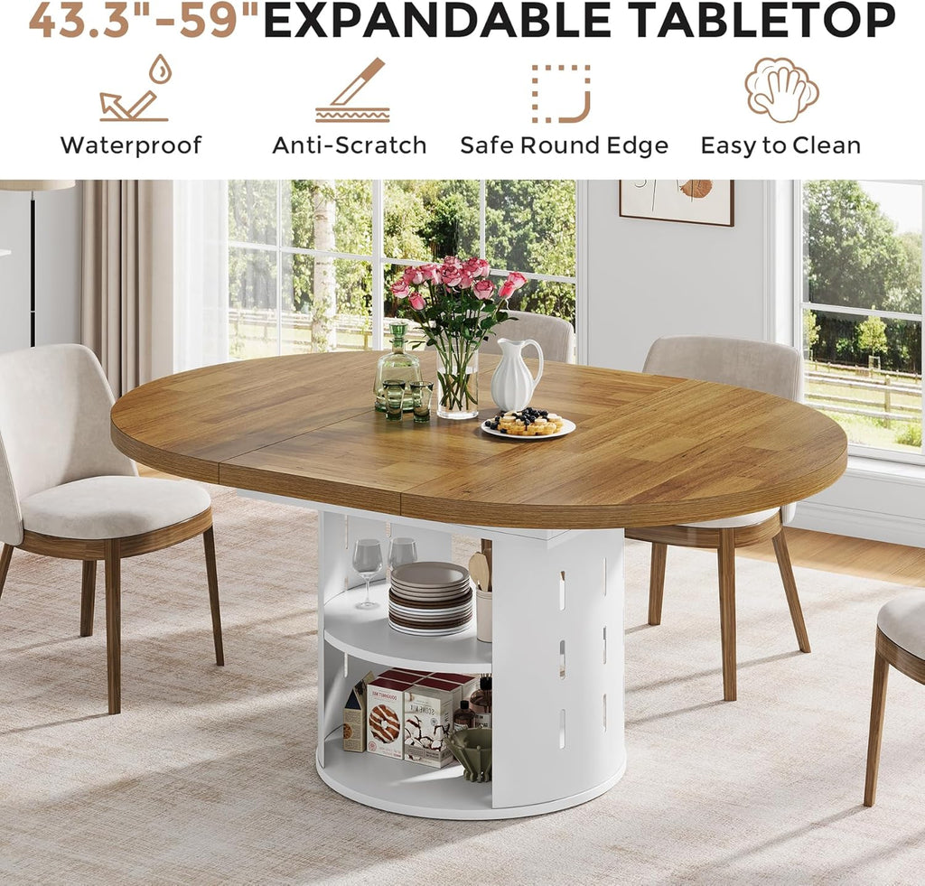 43.3in-59in Extendable Round Dining Table for 4-6, Modern Oval Dining Table with Storage Shelf & White Metal Frame, Space-Saving Expandable Table for Kitchen & Living Room, Oak