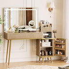 iPormis Makeup Vanity Desk with HD & 5X Mirror and Lights, 47 inch Make up Vanity w/Magnifying, Fluted Glass Top Dressing Table w/Power Outlets & Adjustable Storage,Natural