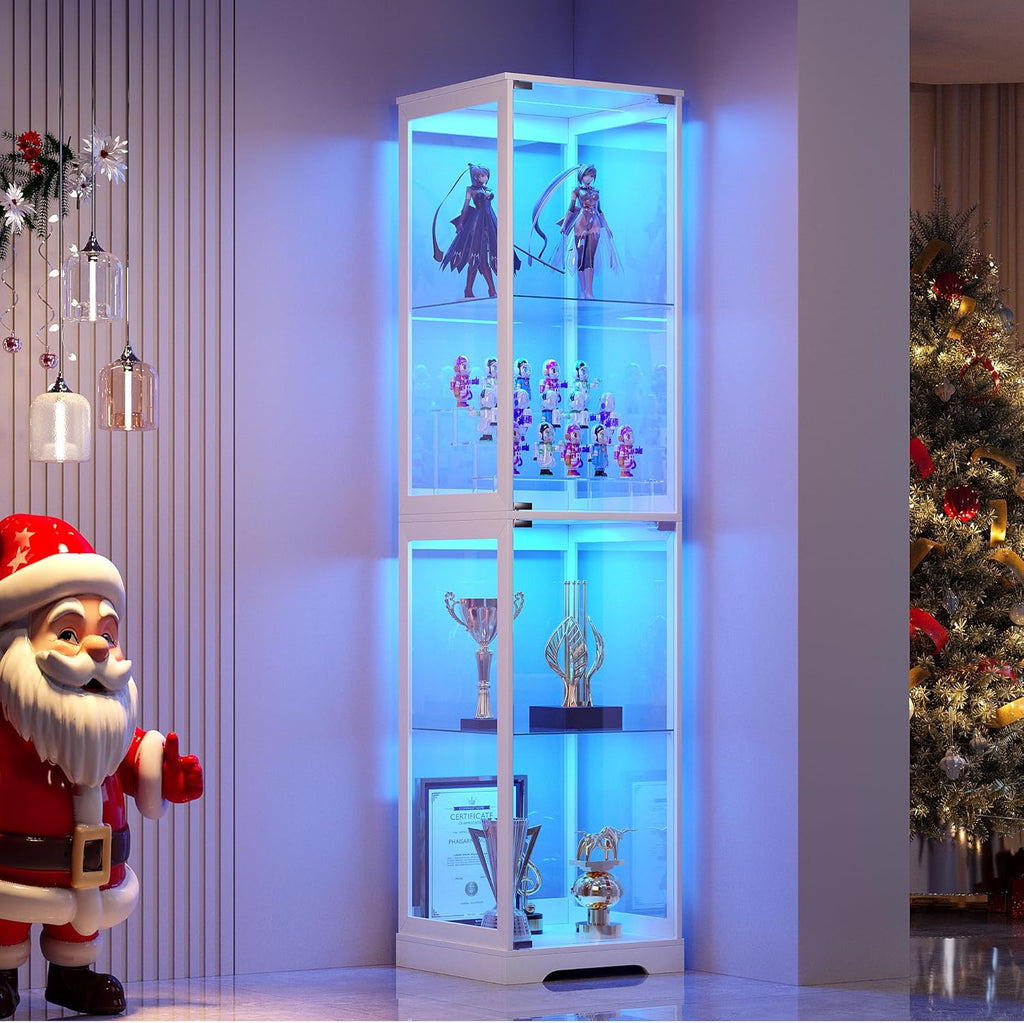 Glass Display Cabinet with Doors, 65" Tall 4-Tier Curio Display Case with 3 Color Lights and Human Body Sensor, Bookcase for Collectibles, White
