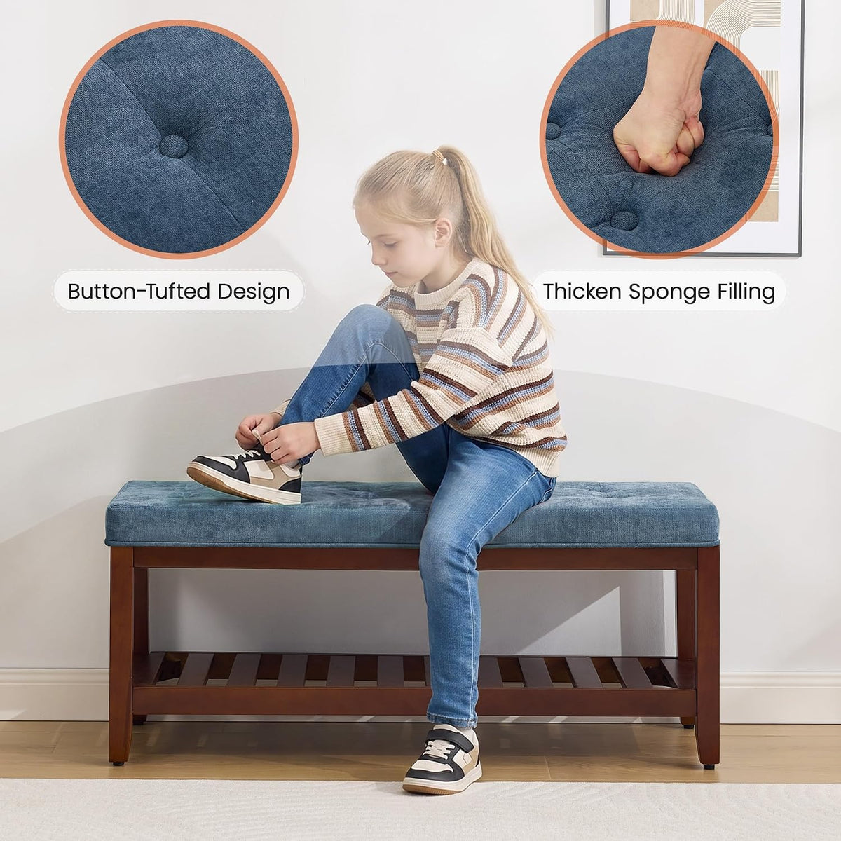 HUBSON 44" Entryway Shoe Bench, Upholstered End of Bed Bench with Solid Wood Shelf, Button Tufted Shoe Bench for Bedroom, Hallway, Living Room, Blue