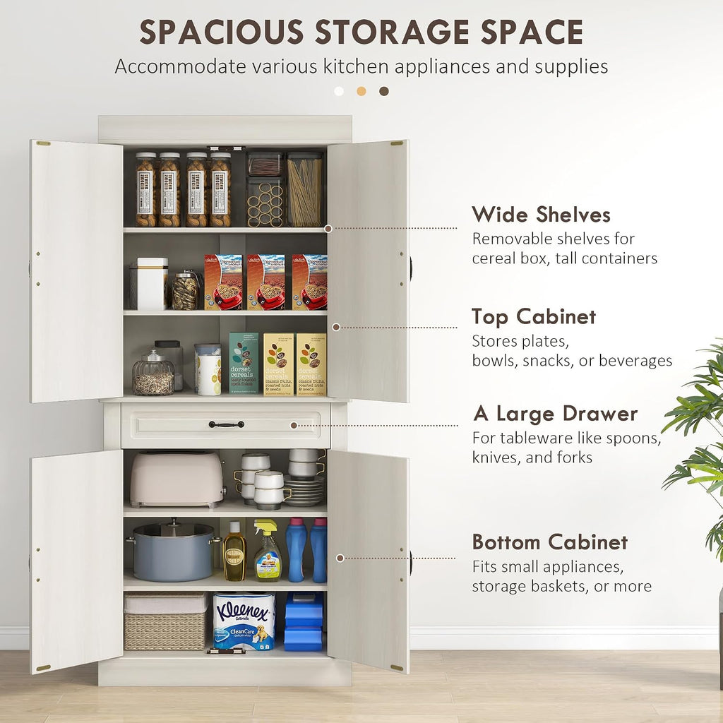HOMCOM 71" Freestanding Kitchen Pantry Cabinet, Tall Storage Cabinet with 4 Doors and Drawer for Dining Room, Distressed White