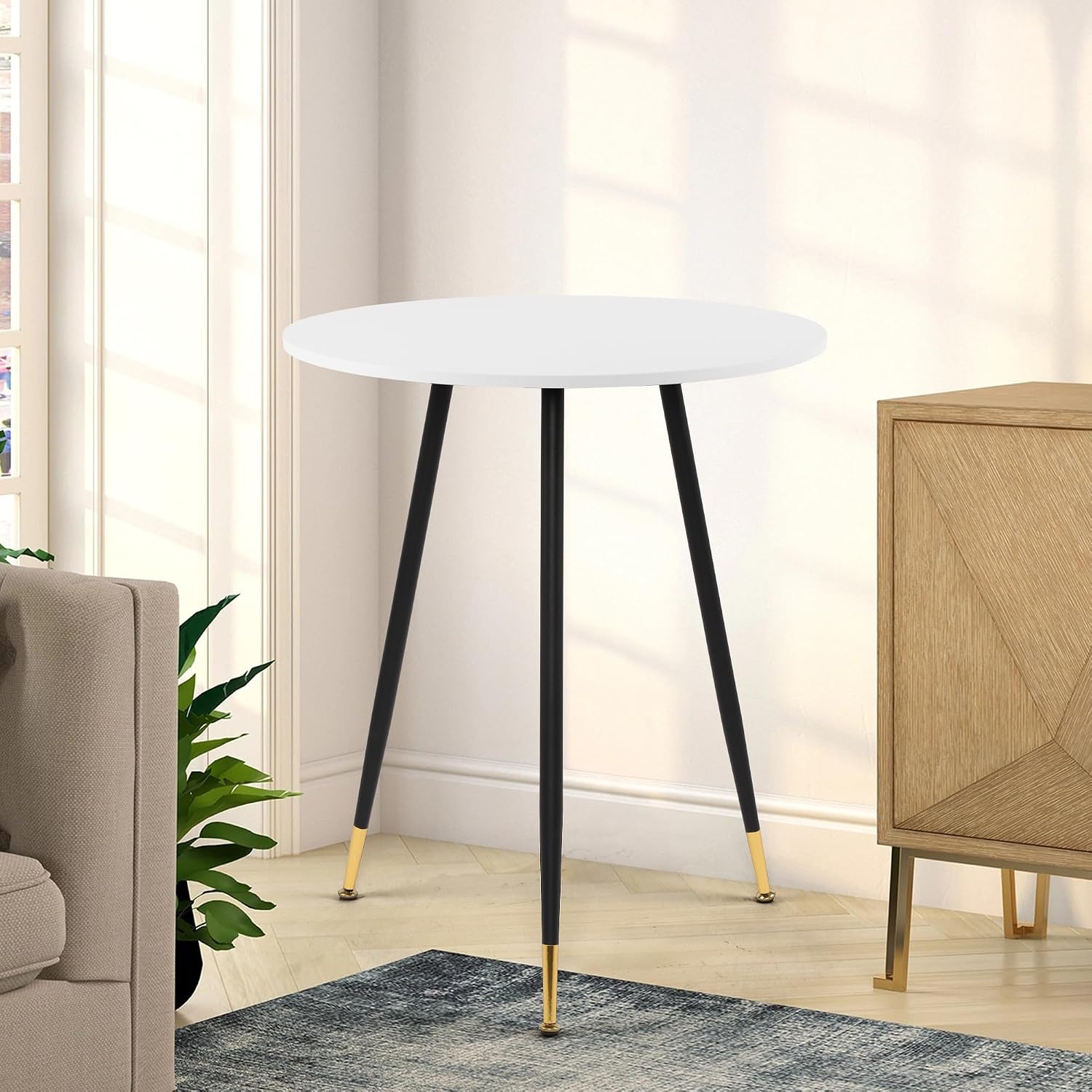 NOBPEINT Round Modern Wooden Side Table, 28 Inches End Table with 3 Metal Legs, Leisure Coffee Table (White)