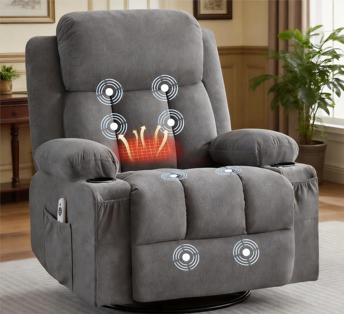 MAHOMICO Swivel Rocker Recliner Chair with Vibration Massage and Heat for Living Room,with Rocking Function and Side Pocket, USB Charge Port,2 Cup Holders