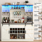 Farmhouse Coffee Bar Cabinet with LED Light, Charging Station & Sliding Barn Doors - 63"W x 71"H Large Wine Rack, Built-in Liquor Dispenser, Glass/Mug Holders for Kitchen, Living Room, Hallway