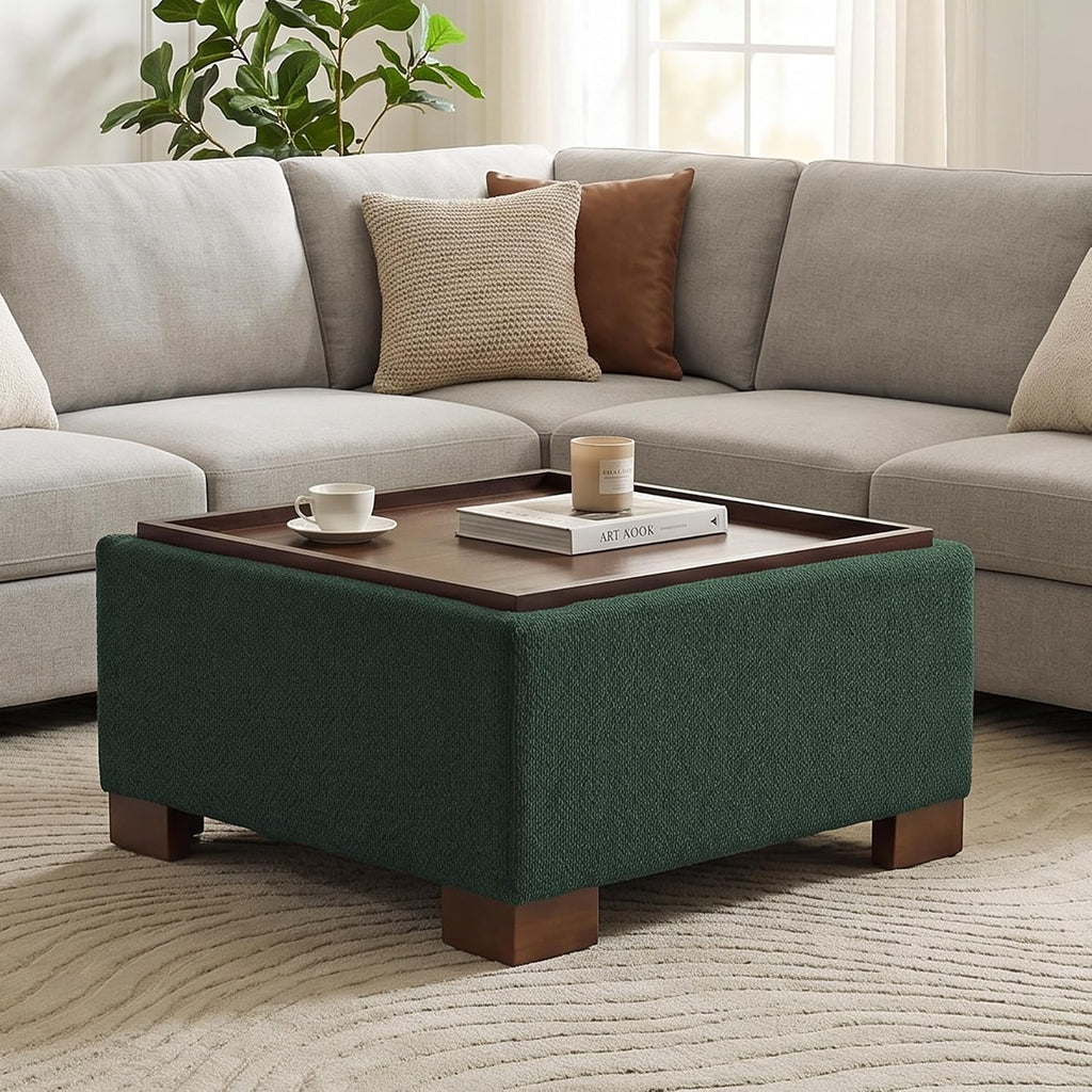 WUTUTUEE 30" Square Ottoman Coffee Table with Storage, Boucle Ottomans with Tray and Solid Wood Legs for Living Room, Bedroom and Apartments, Oversize Modern Ottoman Tea Table with Lift-Off Lid, Green