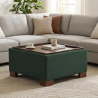 WUTUTUEE 30" Square Ottoman Coffee Table with Storage, Boucle Ottomans with Tray and Solid Wood Legs for Living Room, Bedroom and Apartments, Oversize Modern Ottoman Tea Table with Lift-Off Lid, Green