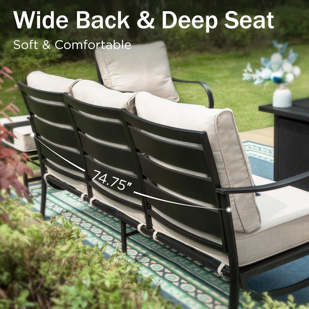 PHI VILLA Metal Patio Sofa with 5.75" Extra-Thick Waterproof Cushion, 3 Seater Deep Seat & High Back Outdoor Couch, All Weather Porch Furniture for Deck Backyard Front Porch Apartment,Beige
