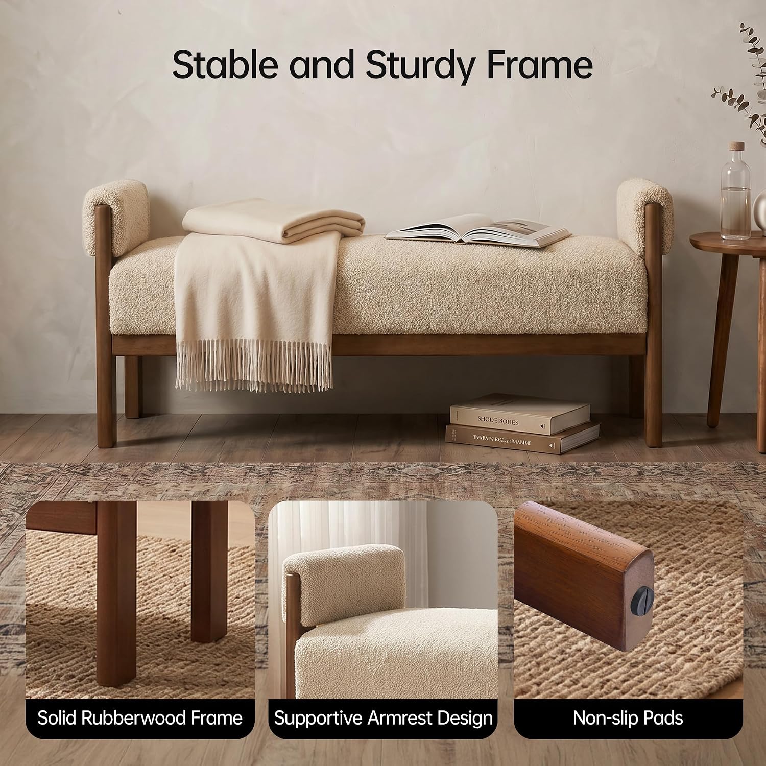 VKNOW 51.8”End of Bed Bench Upholstered Bedroom Bench with Arms, Brown | Solid Rubberwood Legs, Soft Fabric, Thickened seat cushion, Bedroom Living Room Entryway Dressing Areas, Easy to Assemble