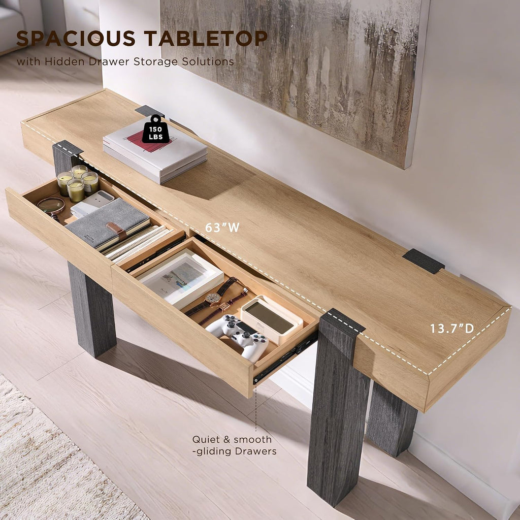 OKD Modern Farmhouse Entryway Table with 2 Drawers, 63" Wooden Console Table with Storage for Hallway, Behind Sofa, Living Room, Natural Oak with Dark Alder