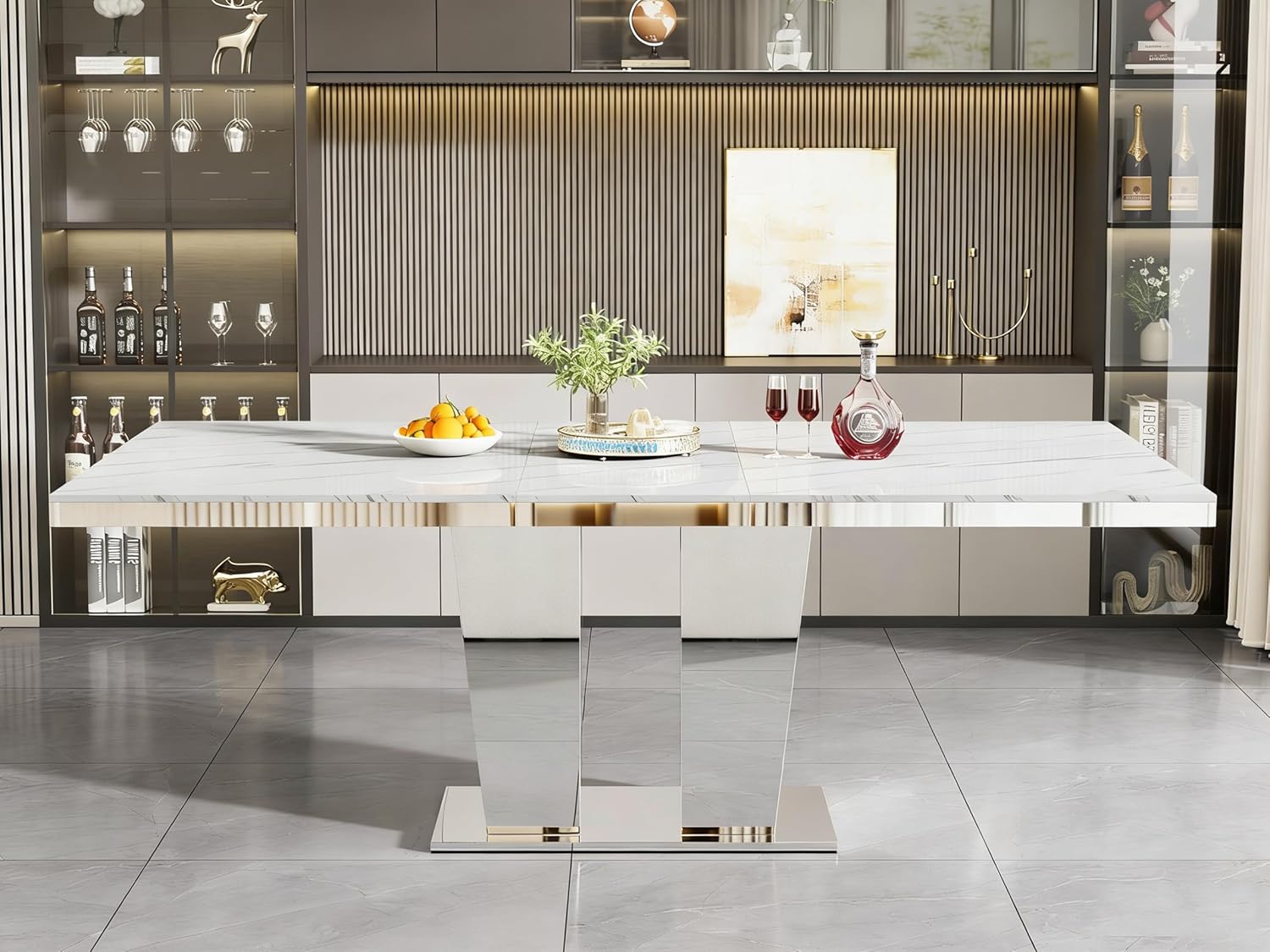 94.5“ Rectangular Dining Table for 6 8 10, Modern White Extendable Kitchen Table, Large Long Dining Room Table with Mirrored Pedestal for Dining Kitchen Living Room