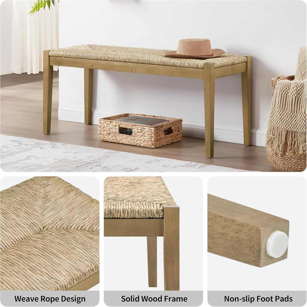 DUHOME Solid Wood Seagrass Bench with Natural Woven Seat, Boho Bench Entryway, Wood Rattan Dining Bench for Living Room,Dining Room Porch Lawn Garden Yard or Entryway,Natural