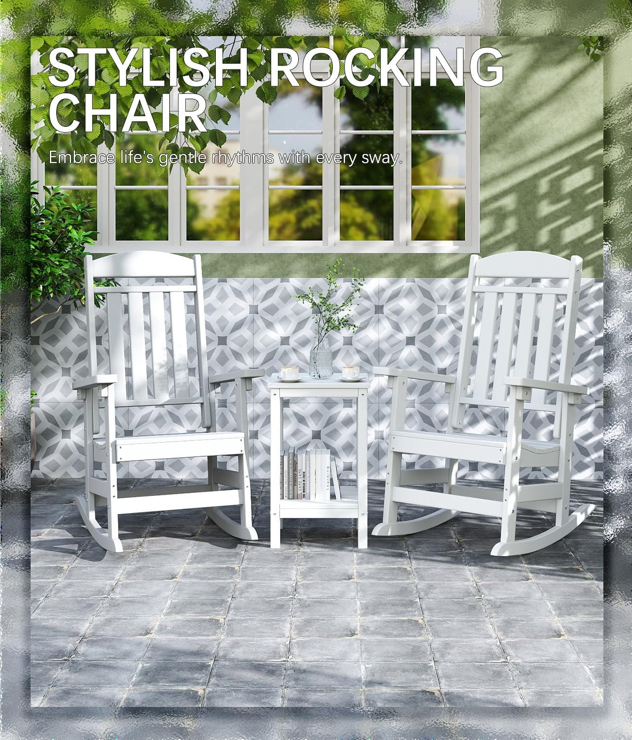 FOOWIN 3-Piece Outdoor Rocking Chairs Set, High Back Patio Rocker with Side Table, HDPE All Weather Resistant Oversized Rocking Chairs for Indoors, Porch, Patio, Backyard, White
