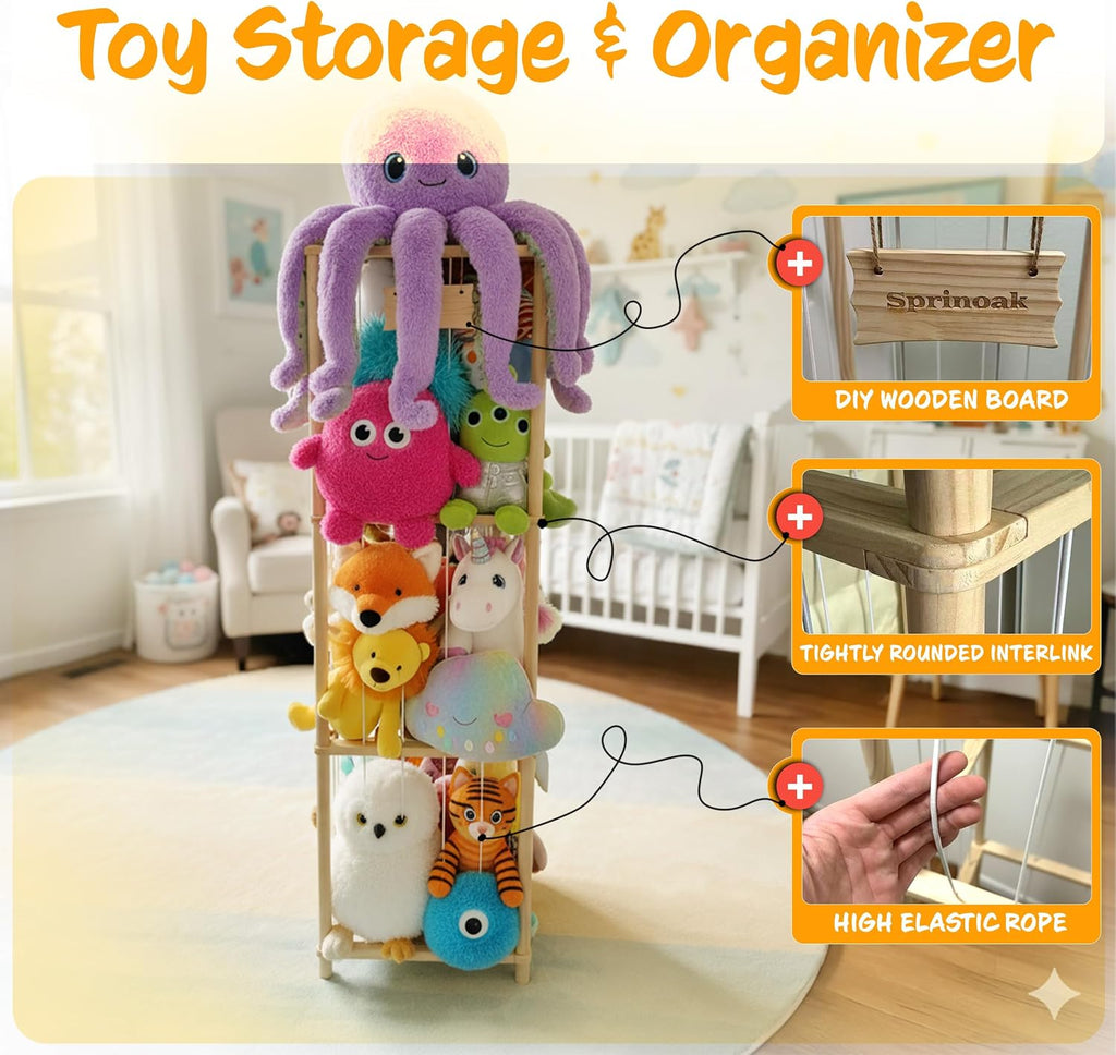 54-Inch Tall Stuffed Animal Storage Organizer - Premium Wooden Plush Toy Holder Zoo, Large Toy Storage Tower with Elastic Rope & Side Storage Bag for Kids Room, Nursery, Playroom, Corner (Sprinoak)