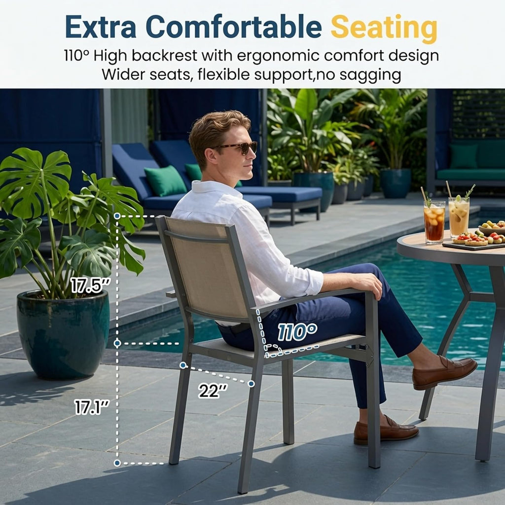 Elountik Set of 6 Heavy Duty Outdoor Patio Chairs, All Weather Textilene Mesh, Metal Frame, 350lb Capacity, Grey