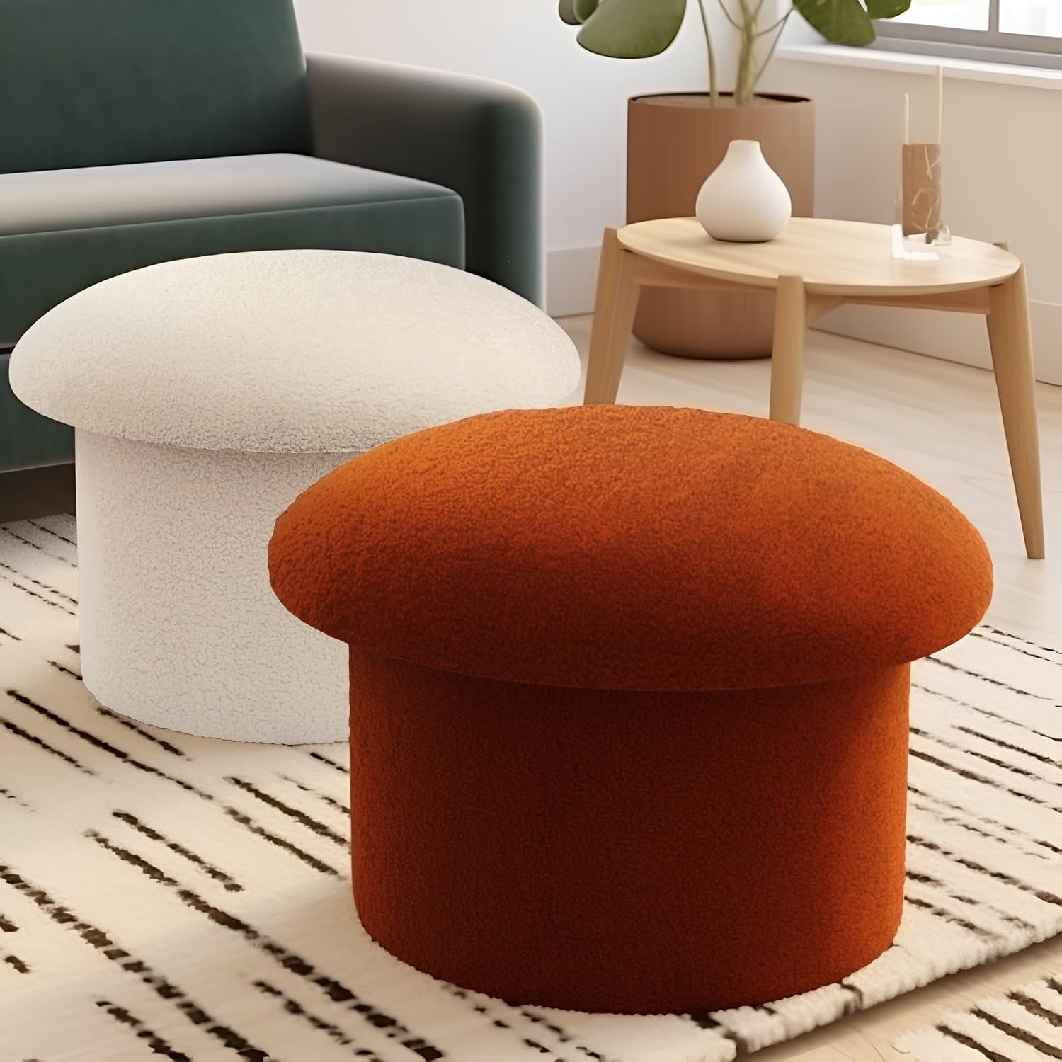 Foldable Mushroom-Shaped Storage Ottoman - Terracotta Color, Polyester Material, Multi-Functional Storage Seat