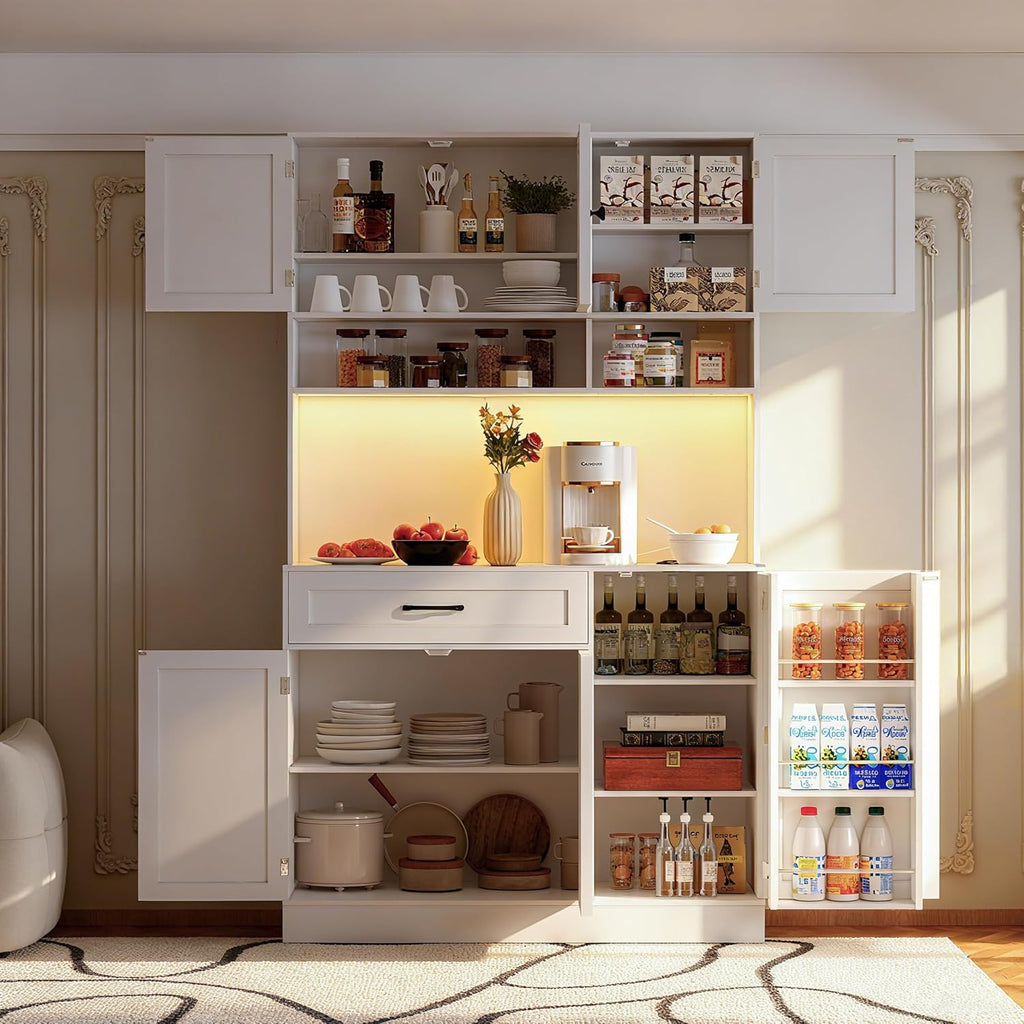 FJTJBSI 72" Kitchen Pantry Cabinet with LED Light and Charging Station Tall Pantry Storage Cabinet with Adjustable Shelves and Door Shelves Modern Kitchen Hutch with Microwave Stand and Countertop