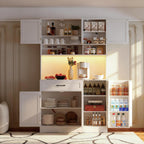 FJTJBSI 72" Kitchen Pantry Cabinet with LED Light and Charging Station Tall Pantry Storage Cabinet with Adjustable Shelves and Door Shelves Modern Kitchen Hutch with Microwave Stand and Countertop