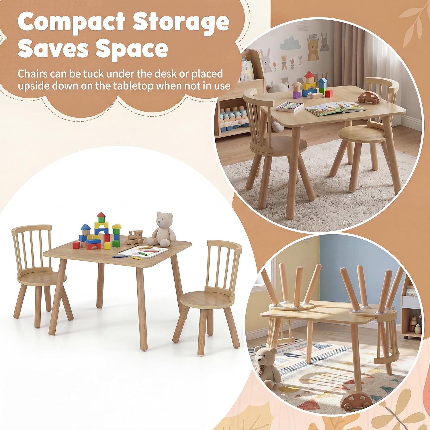 Costzon Kids Table and Chairs, 3 PCS Wooden Desk Set for Toddlers (Natural) | Pine Wood Frame, 2 Rounded Chairs, Nursery Children's Room Furniture for Arts, Crafts, Reading, Eating