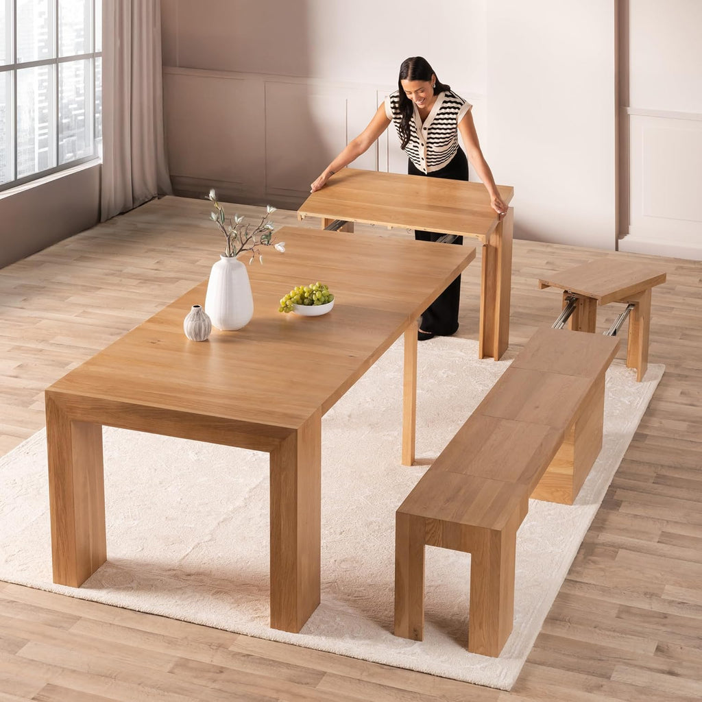 Transformer Table Solid Wood Extendable Dining Table, Natural | Seats 2-12, Expandable Dining Room Table, Space-Saving Furniture, Kitchen and Dining Room Furniture, Table + Bench