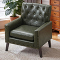 Faux Leather Accent Chair, Modern Upholstered Armchair with Button Tufted Back, Mid Century Comfy Club Chair with Wood Legs Leather Reading Chair for Living Room, Bedroom, Dark Green