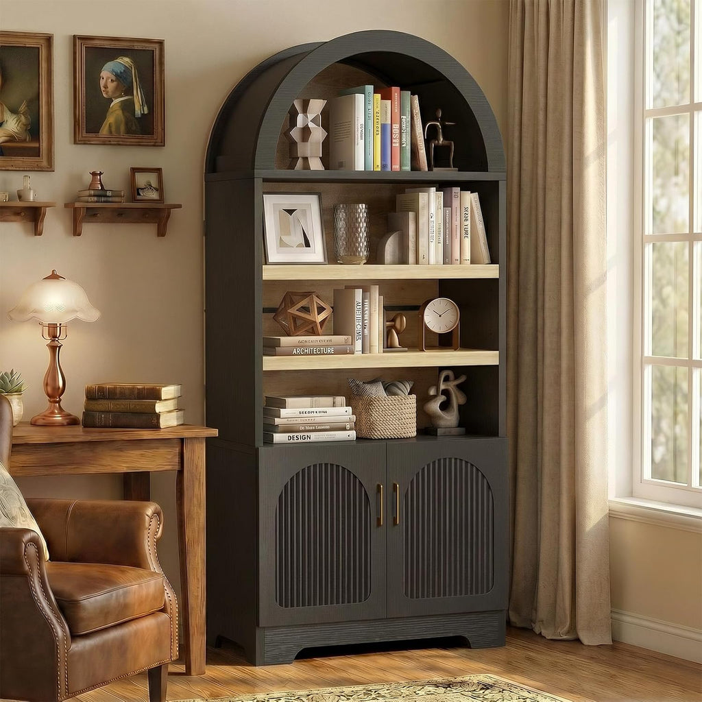 Bestier 71" Tall Arched Kitchen Pantry, Arched Cabinet with Doors, Modern Farmhouse Wood Kitchen Storage Cabinets with 3-Tier Adjustable Shelves, Cupboard for Living Room, Dining Room, Kitchen, Black
