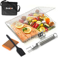 Stainless Steel Large Grill Basket with Removable Handle, Easy Open/Close Lid, Included Silicone Basting Brush & Steel-fiber Scrub Sponge - Perfect for Outdoor Cooking, BBQ, and Camping (12.25 x 9.5 x 1.5 Inches)