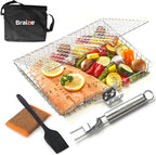 Stainless Steel Large Grill Basket with Removable Handle, Easy Open/Close Lid, Included Silicone Basting Brush & Steel-fiber Scrub Sponge - Perfect for Outdoor Cooking, BBQ, and Camping (12.25 x 9.5 x 1.5 Inches)