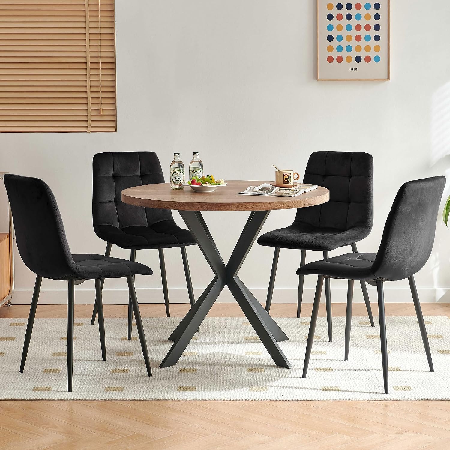 5-Piece Round Dining Table Set - Kitchen Table Chairs Set of 4 with Black Velvet Upholstered Chairs -Dining Table Set for 4