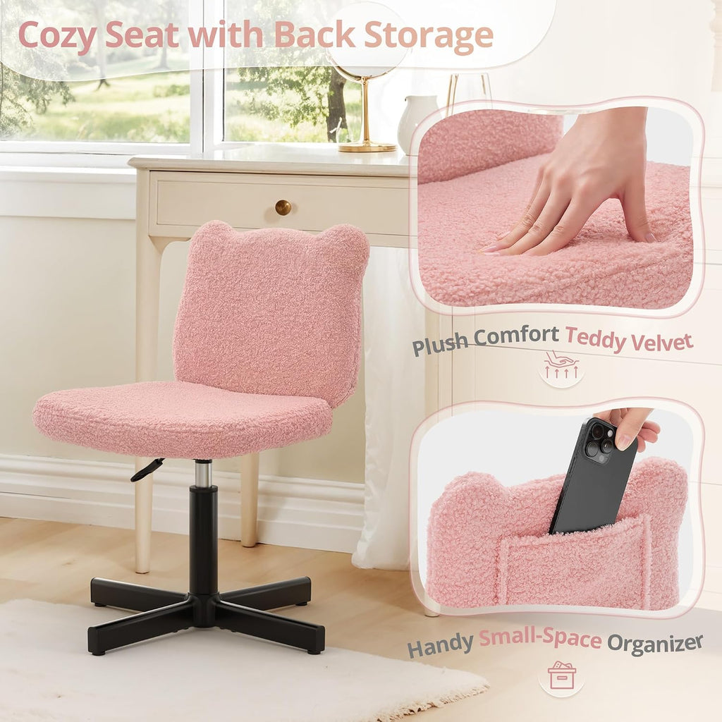 LUE BONA Adjustable Vanity Stool Chair with Girly Bear Ear Wide Back, 360° Swivel Vanity Stool for Makeup Room, Upholstered Teddy Velvet Ottoman for Teen Girls, 350lbs, Pink