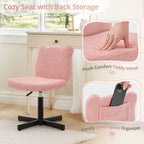 LUE BONA Adjustable Vanity Stool Chair with Girly Bear Ear Wide Back, 360° Swivel Vanity Stool for Makeup Room, Upholstered Teddy Velvet Ottoman for Teen Girls, 350lbs, Pink