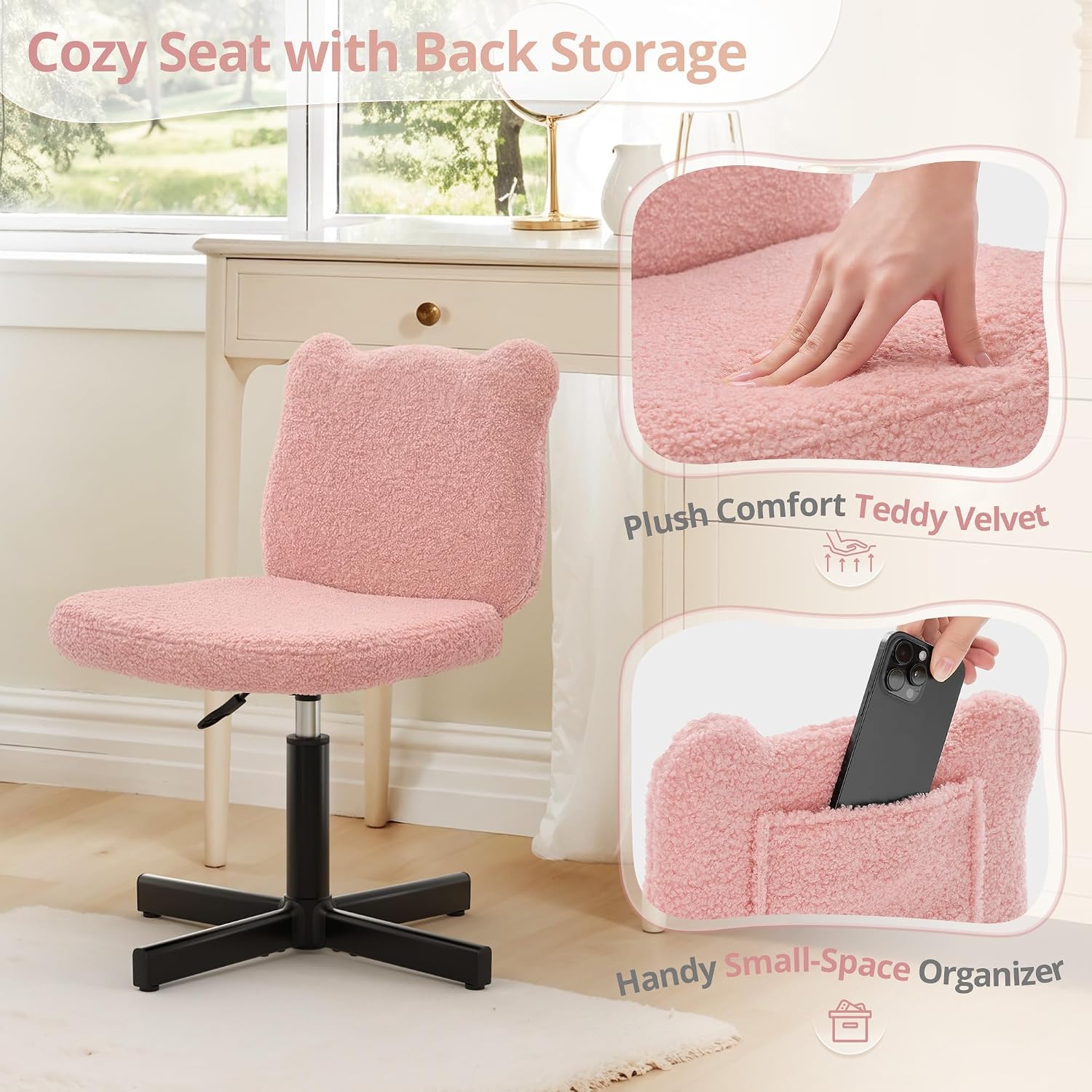 LUE BONA Adjustable Vanity Stool Chair with Girly Bear Ear Wide Back, 360° Swivel Vanity Stool for Makeup Room, Upholstered Teddy Velvet Ottoman for Teen Girls, 350lbs, Pink