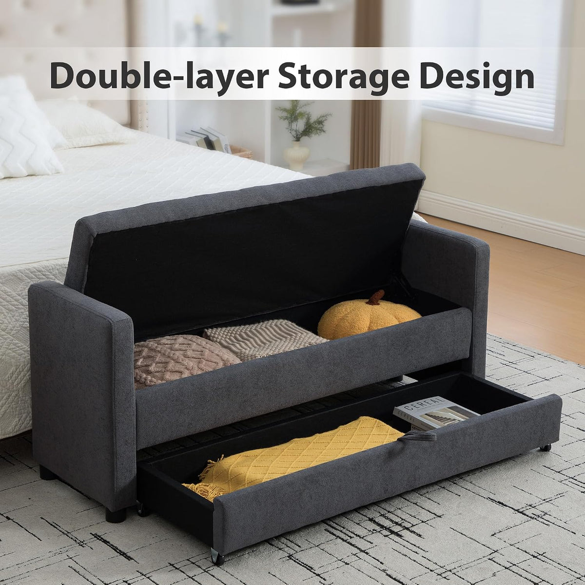 Chifee & Vingol 58.27" W Ottoman Bench with Double Storage Space, Upholstered End of Bed Storage Bench Entryway Shoe Benches,Gray