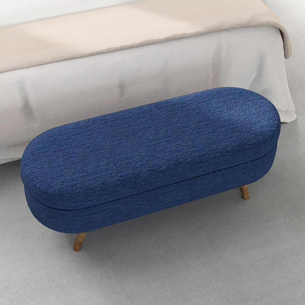 Oval Storage Ottoman Bench with Hidden Storage and Foam Padded Seat, Upholstered Entryway Footstool with Rubber Wood Legs, Decorative Bedroom End of Bed Accent Furniture for Living Room (Blue)