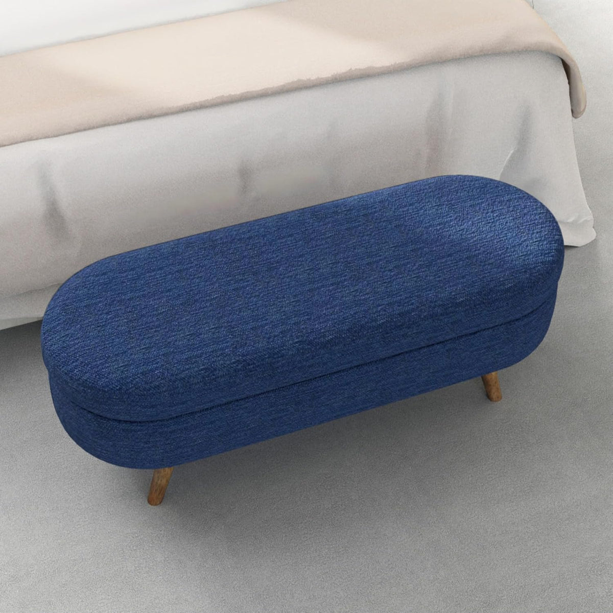 Oval Storage Ottoman Bench with Hidden Storage and Foam Padded Seat, Upholstered Entryway Footstool with Rubber Wood Legs, Decorative Bedroom End of Bed Accent Furniture for Living Room (Blue)