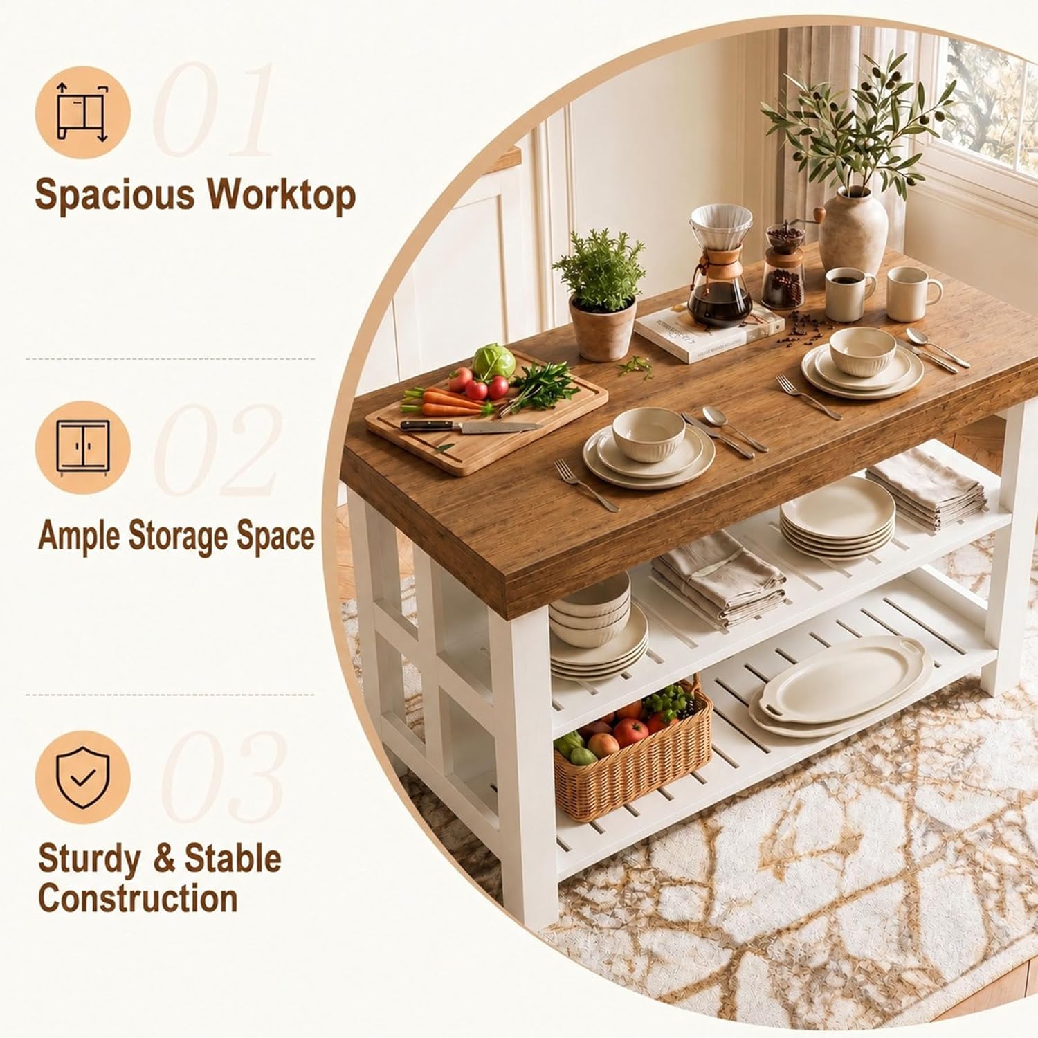 Tribesigns 55.1-Inch Kitchen Island with Seating and Storage, 3-Tier Large Farmhouse Island Table with Large Countertop and Leg Room for Kitchen Dining Room (Brown and White)
