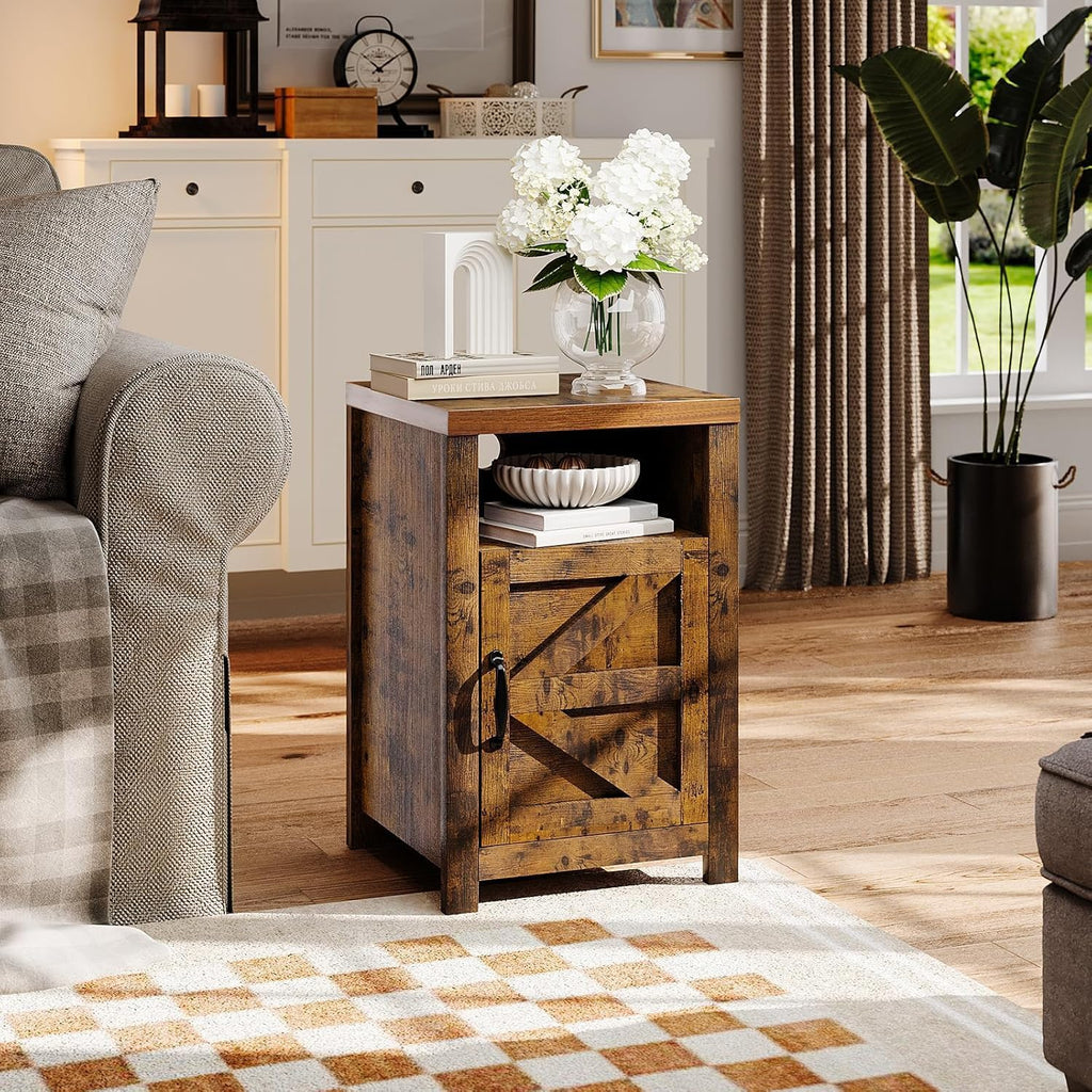 oneinmil Farmhouse Nightstand with Charging Station, Couch Side Table Set of 2, Bedside Table with Storage Space, End Tables with Barn Door, Bed Side Tables for Living Room and Bedroom, Rustic Brown