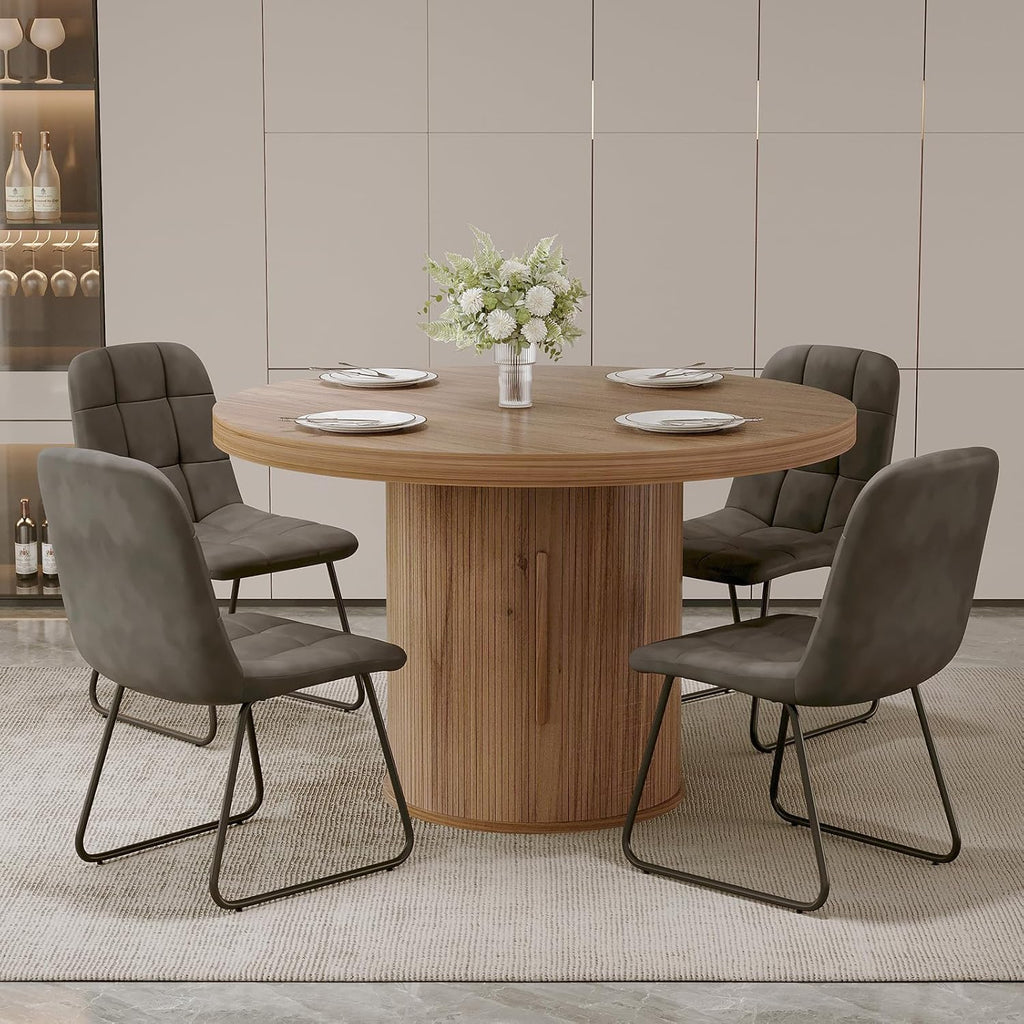 5-Piece Dining Set for Small Spaces 43.3" Round Table & 4 PU Leather Chairs, Modern Farmhouse with Storage Shelf, Apartment Kitchen Easy Assembly (Walnut Color Round Table + 4 U-Shaped Gray Chairs)