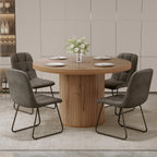 5-Piece Dining Set for Small Spaces 43.3" Round Table & 4 PU Leather Chairs, Modern Farmhouse with Storage Shelf, Apartment Kitchen Easy Assembly (Walnut Color Round Table + 4 U-Shaped Gray Chairs)
