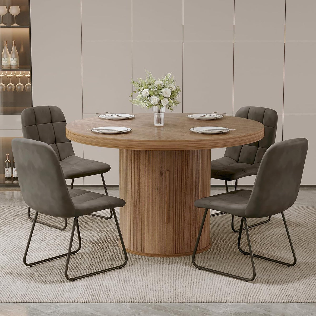 5-Piece Dining Set for Small Spaces 43.3" Round Table & 4 PU Leather Chairs, Modern Farmhouse with Storage Shelf, Apartment Kitchen Easy Assembly (Walnut Color Round Table + 4 U-Shaped Gray Chairs)