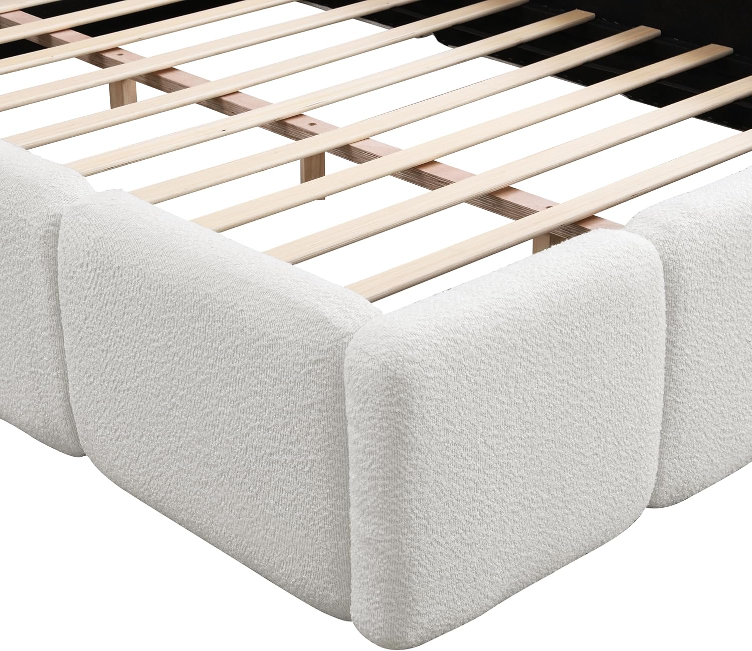 Christopher Knight Home Hazel Queen Size Platform Bed, Boucle Thick Headboard and Footboard, Upholstery Grounded Beds, Block Style, Wood Slat Panel Support, No Spring Box Needed, Easy Assembly, White