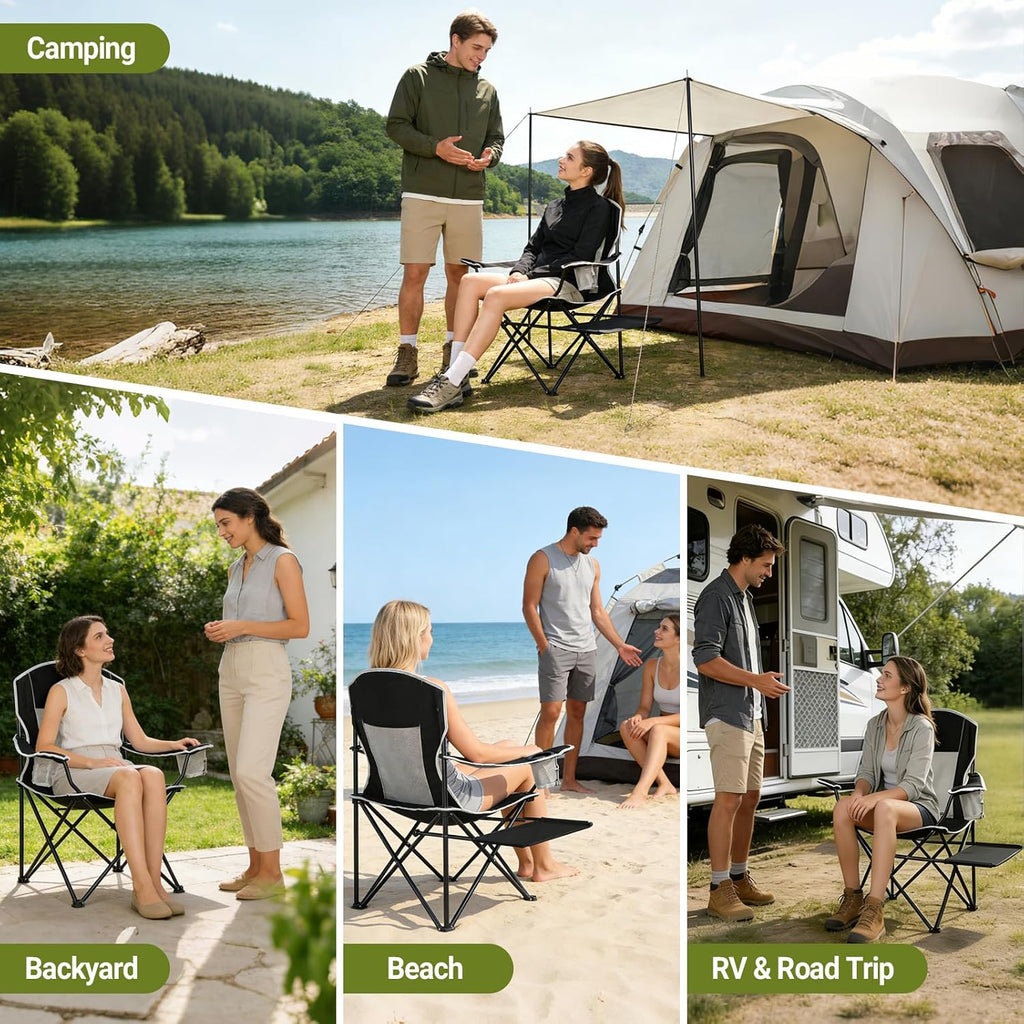 XGEAR 2-Pack Camping Chairs 350LBS Heavy Duty Folding Chair with Side Table | Portable, Sturdy, With Cup Holder, Collapsible for Tailgating, Beach, Fishing, Backyard, Black