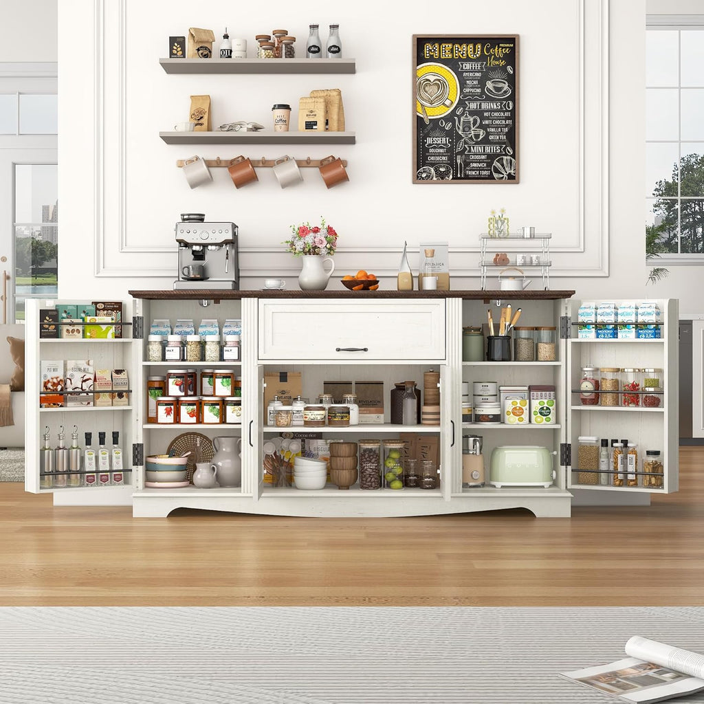 65" Sideboard Buffet Cabinet with Storage, Farmhouse Kitchen Pantries Sideboard Cabinets with Drawer, Wood Coffee Bar Cabinet with Adjustable Shelves, Storage Cabinets for Kitchen, Antique White