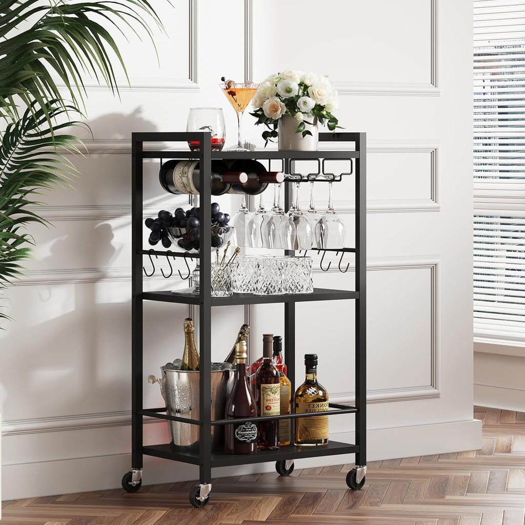 TUTOTAK Bar Cart with Wheels, Mini Drink Cart with Wine Rack & Glass Holder | 3-Tier 17 Inch Wide Home Bar Serving Carts, Small Mobile Kitchen Shelf with 6 Hooks, Black V1BC01BK035
